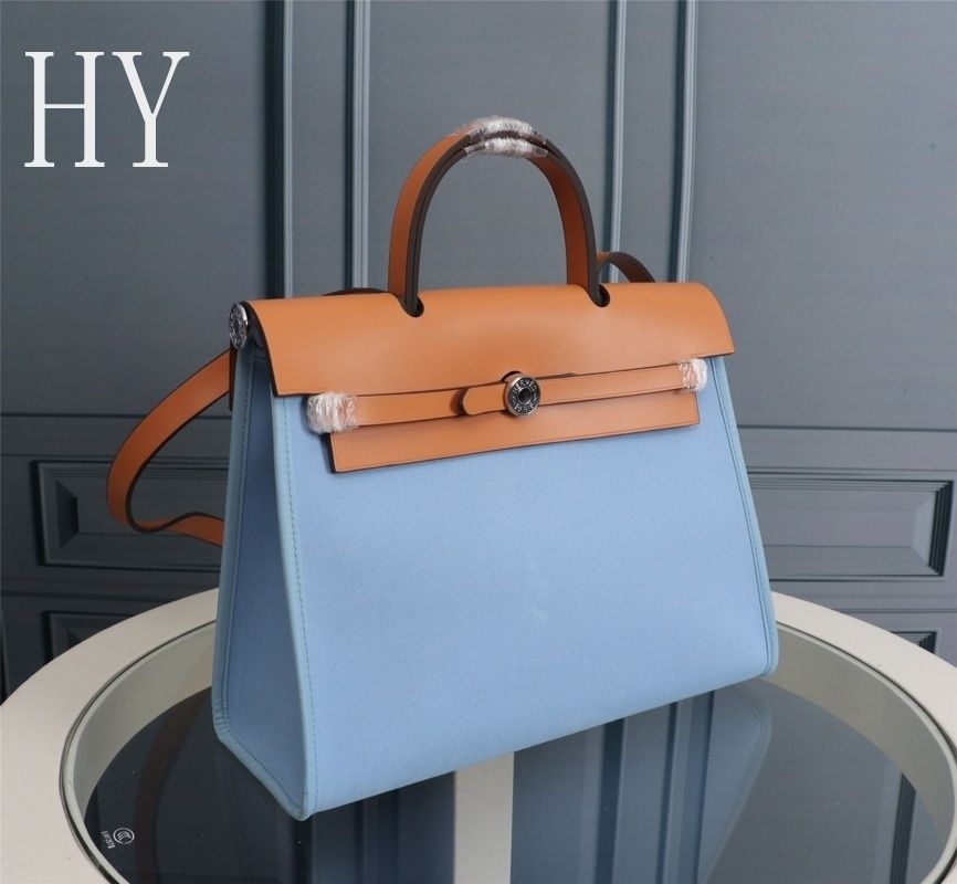 Hermes Blue Canvas and Natural Calfskin Leather Herbag Zip PM Bag 586085 Hermes Blue Canvas and Natural Calfskin Leather Herbag Zip PM Bag 586085