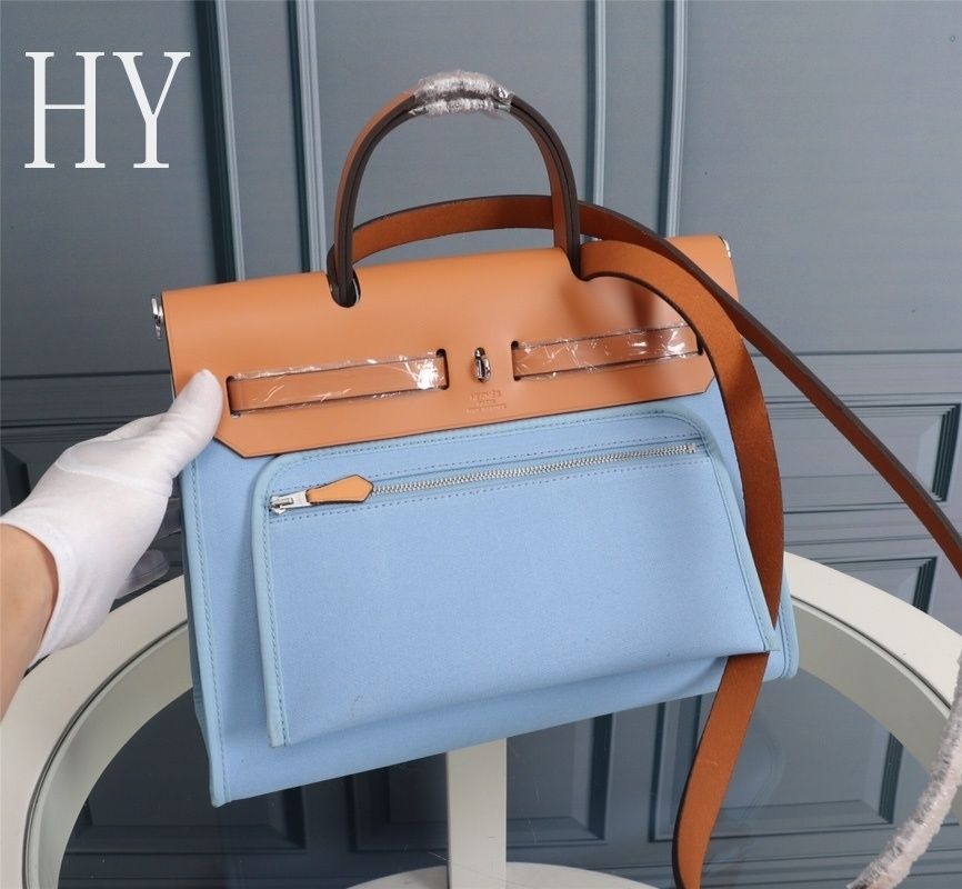 Hermes Blue Canvas and Natural Calfskin Leather Herbag Zip PM Bag 586085 Hermes Blue Canvas and Natural Calfskin Leather Herbag Zip PM Bag 586085