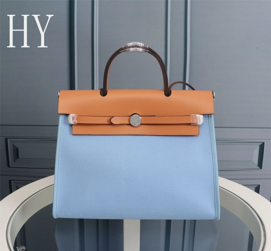 Hermes Blue Canvas and Natural Calfskin Leather Herbag Zip PM Bag 586085 Hermes Blue Canvas and Natural Calfskin Leather Herbag Zip PM Bag 586085