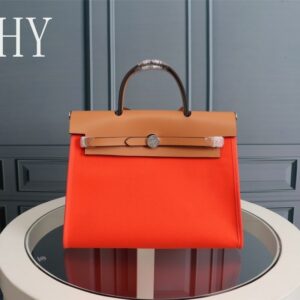 Hermes Orange Canvas and Natural Calfskin Leather Herbag Zip PM Bag 586085