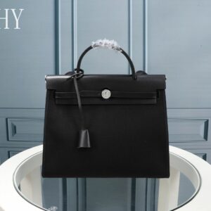 Hermes Black Canvas and Natural Calfskin Leather Herbag Zip PM Bag 586085