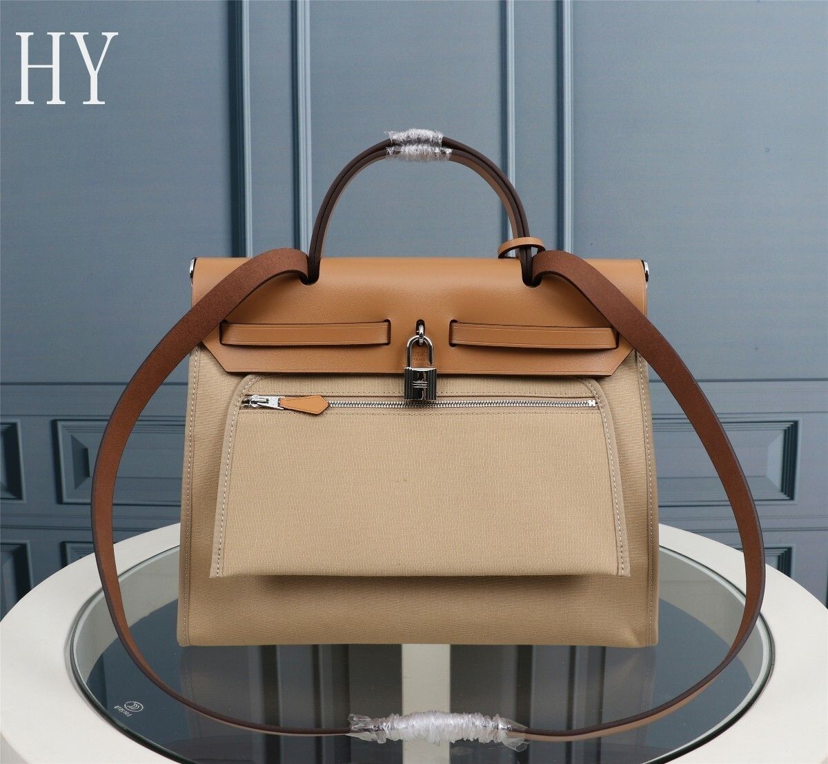 Hermes Brown Canvas and Natural Calfskin Leather Herbag Zip PM Bag 586085 Hermes Brown Canvas and Natural Calfskin Leather Herbag Zip PM Bag 586085