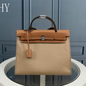 Hermes Brown Canvas and Natural Calfskin Leather Herbag Zip PM Bag 586085