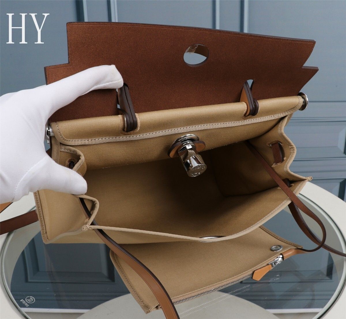 Hermes Brown Canvas and Natural Calfskin Leather Herbag Zip PM Bag 586085 Hermes Brown Canvas and Natural Calfskin Leather Herbag Zip PM Bag 586085