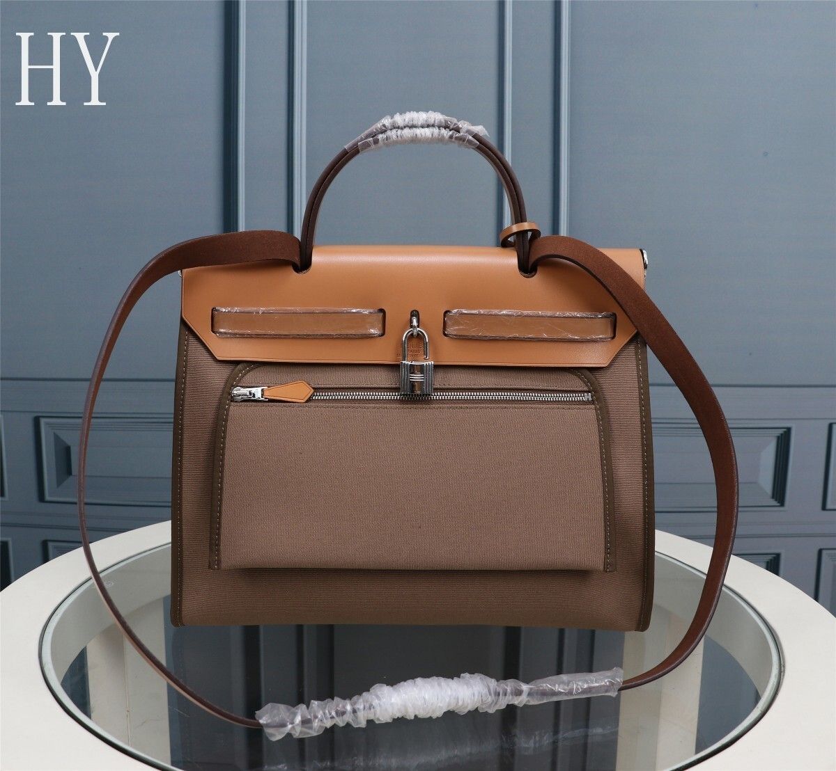 Hermes Brown Canvas and Natural Calfskin Leather Herbag Zip PM Bag 586085-1 Hermes Brown Canvas and Natural Calfskin Leather Herbag Zip PM Bag 586085-1