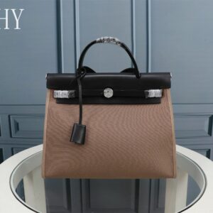 Hermes Brown Canvas and Natural Calfskin Leather Herbag Zip PM Bag 586085-3