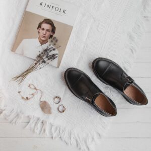 Women Black Leather Monk Shoes, Oxford Women Shoes, Black Tie Shoes H0008