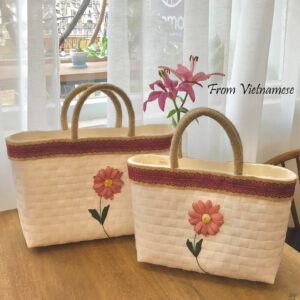 Handmade Plastic Yarn Beach Bag, Woven Tote with Flower B002