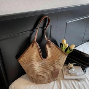Straw Tote Bag Woven Shoulder Bag, Large Beach Handbag with Leather Trim, Boho Summer Tote B008