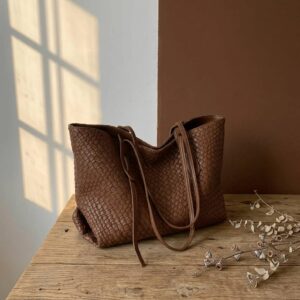 Casual Chic Beige Woven Leather Tote, Large Capacity Shoulder Bag B010