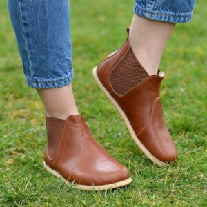Barefoot Leather Chelsea Boots: Wide Toe, Zero Drop Handmade Boots, Elegant Brown H0056