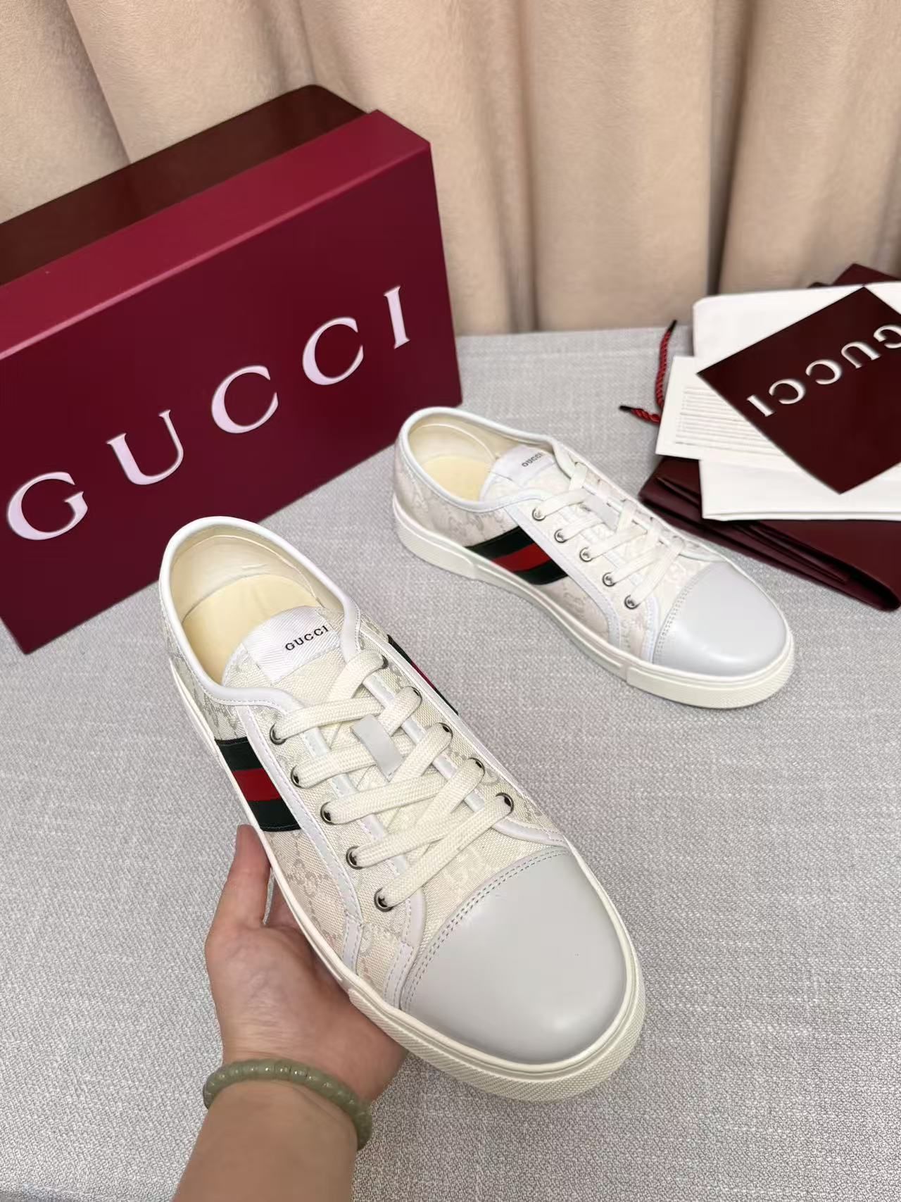 GG Ace Sneaker White GG Monogram Canvas with Web Stripe GG Ace Sneaker White GG Monogram Canvas with Web Stripe