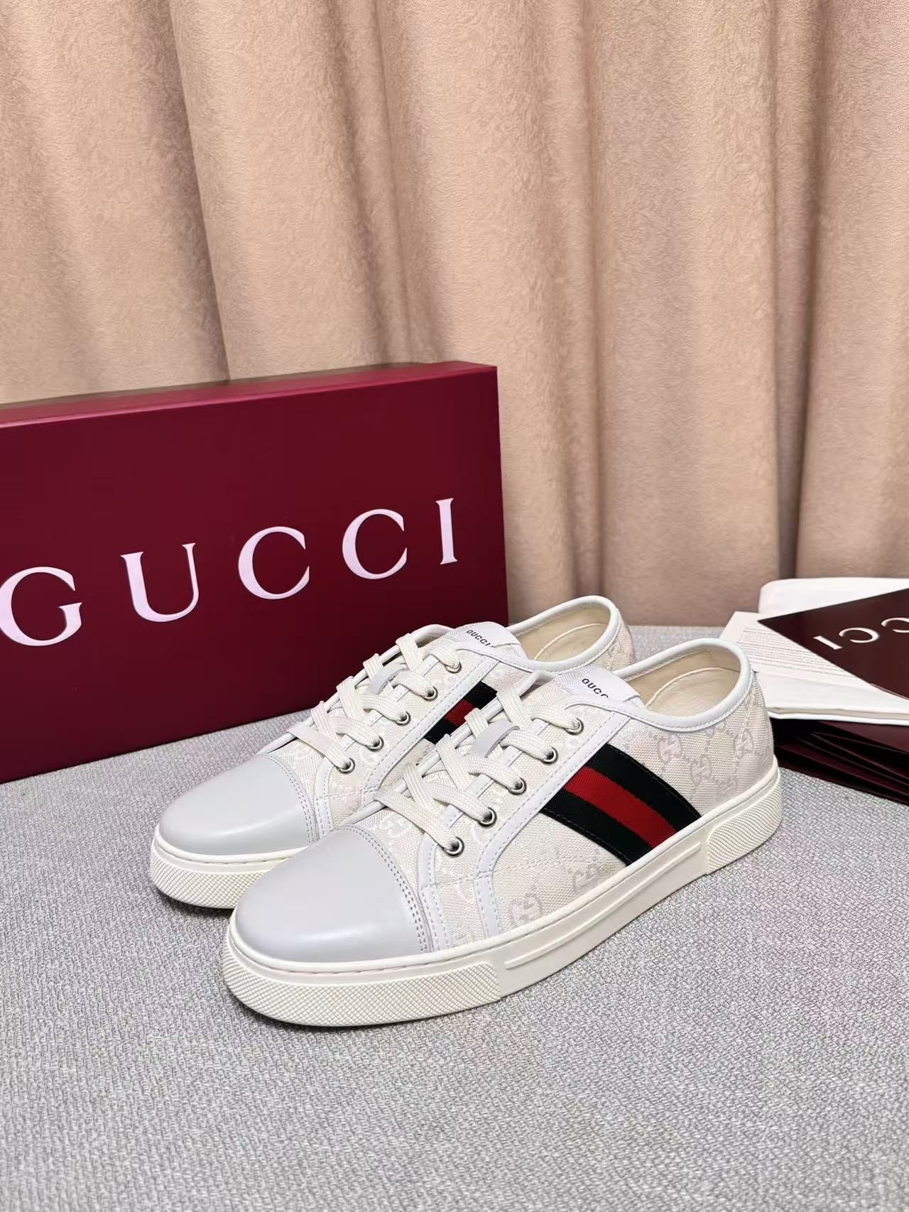 GG Ace Sneaker White GG Monogram Canvas with Web Stripe GG Ace Sneaker White GG Monogram Canvas with Web Stripe