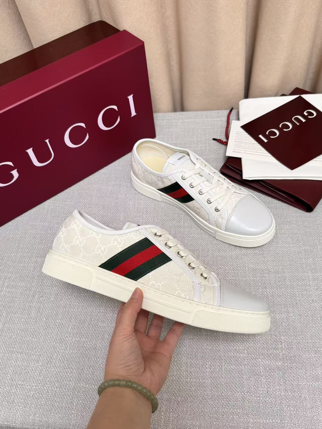GG Ace Sneaker White GG Monogram Canvas with Web Stripe GG Ace Sneaker White GG Monogram Canvas with Web Stripe