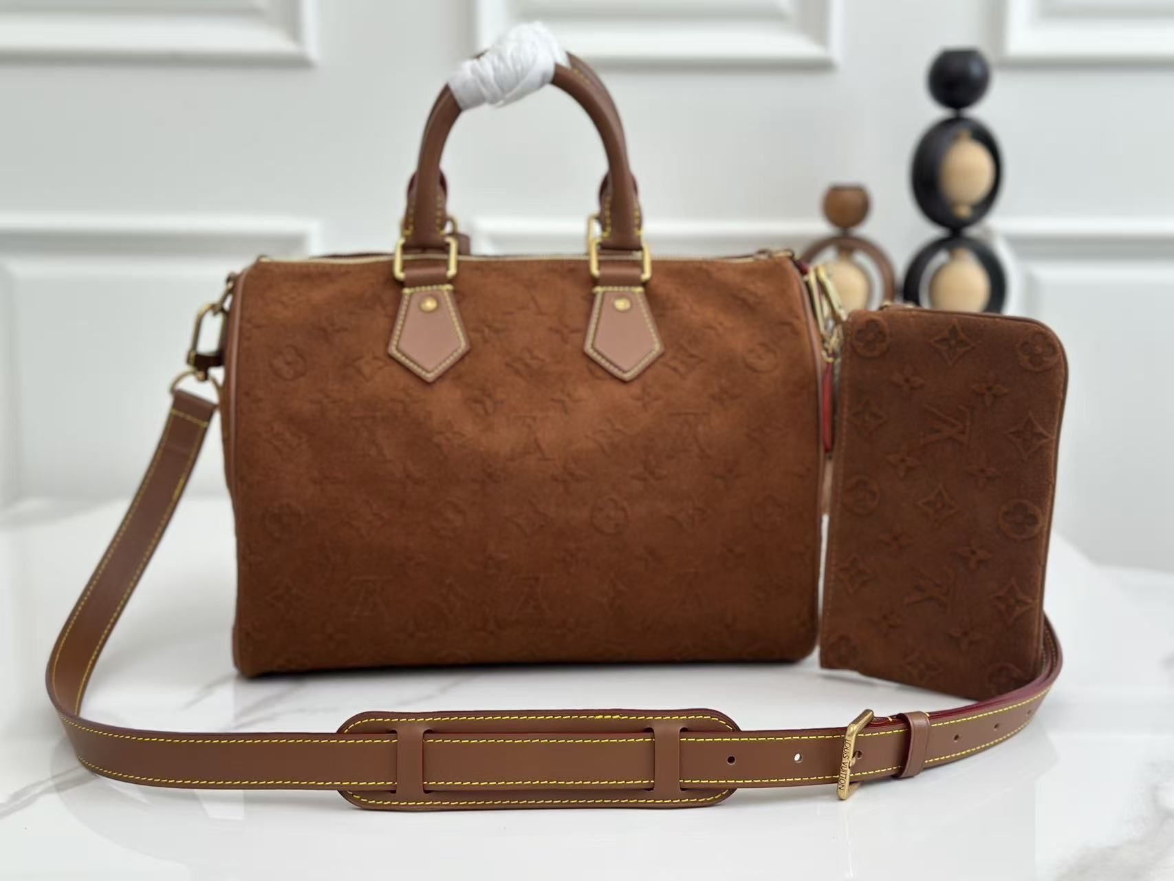 LV Speedy Bandoulière 30 Brown Monogram Suede Bag LV Speedy Bandoulière 30 Brown Monogram Suede Bag