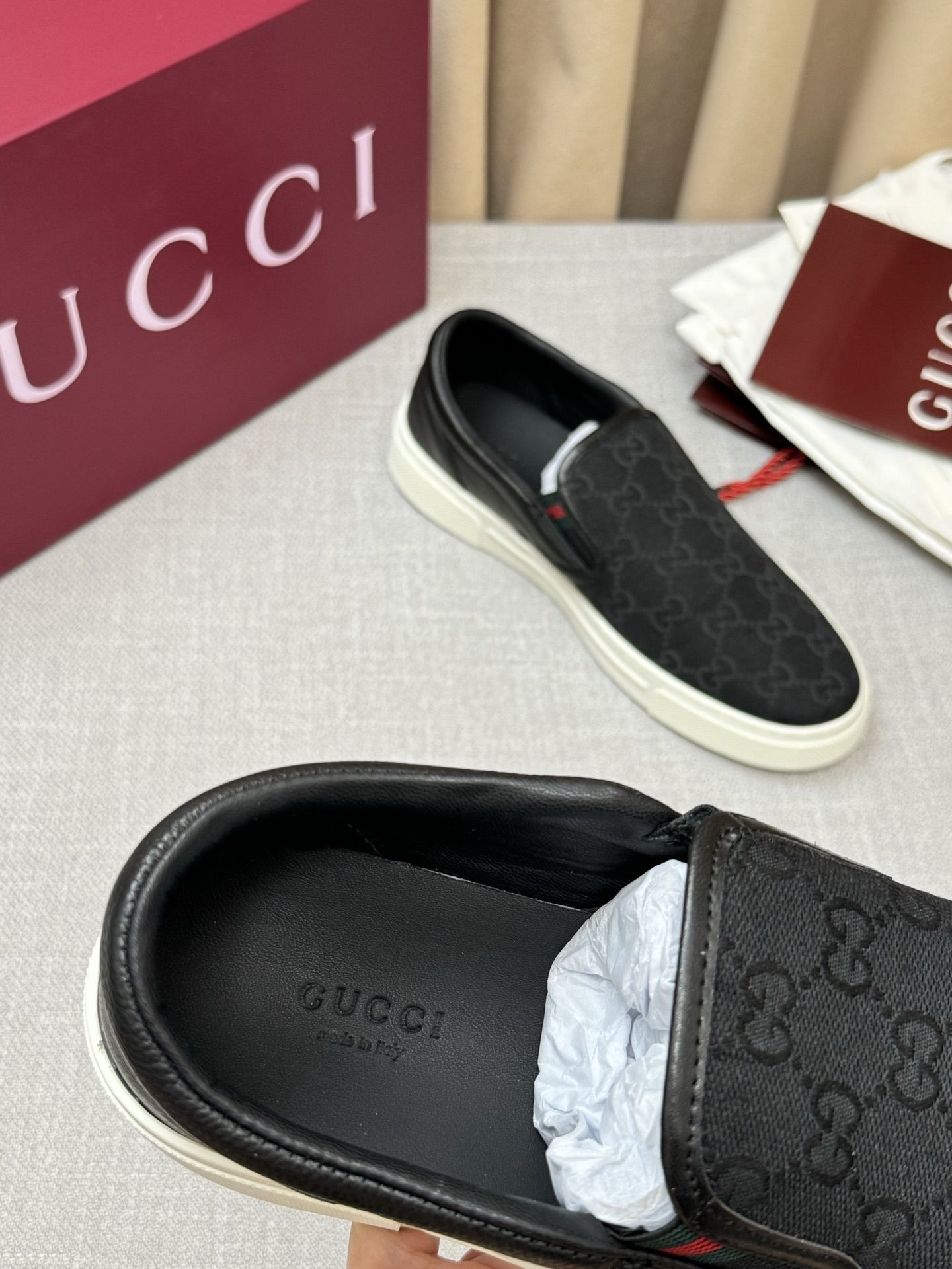 GG Slip-On Sneaker Black GG Monogram Canvas with Black Leather Trim GG Slip-On Sneaker Black GG Monogram Canvas with Black Leather Trim