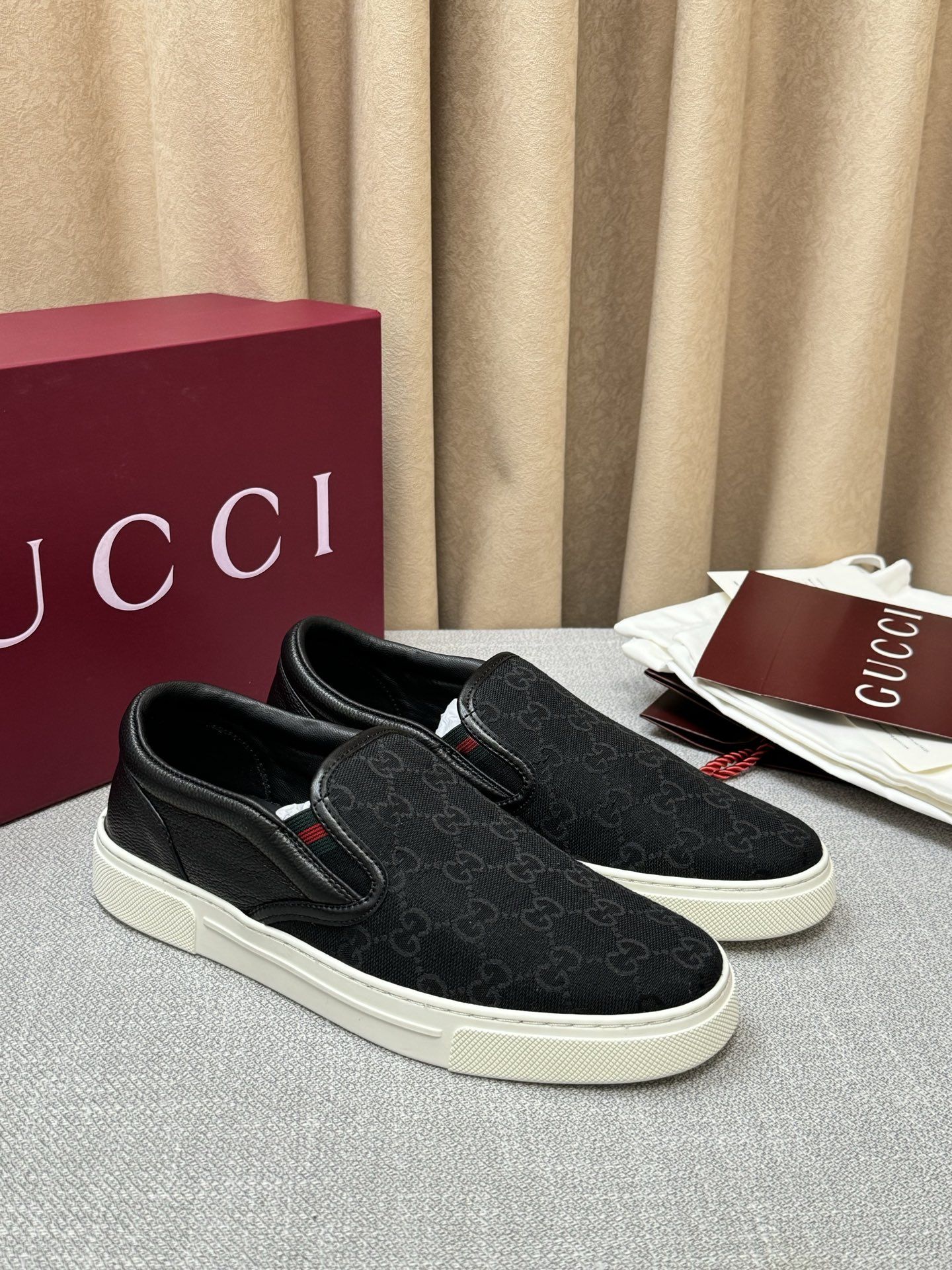 GG Slip-On Sneaker Black GG Monogram Canvas with Black Leather Trim GG Slip-On Sneaker Black GG Monogram Canvas with Black Leather Trim