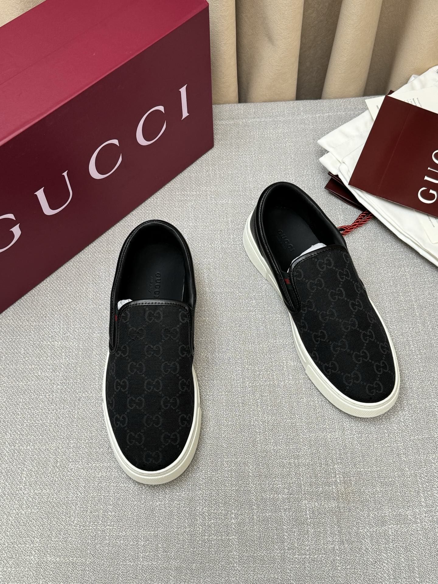 GG Slip-On Sneaker Black GG Monogram Canvas with Black Leather Trim GG Slip-On Sneaker Black GG Monogram Canvas with Black Leather Trim