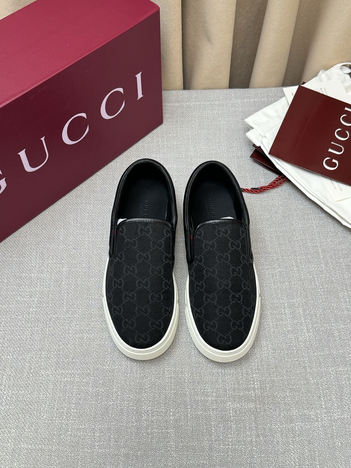 GG Slip-On Sneaker Black GG Monogram Canvas with Black Leather Trim GG Slip-On Sneaker Black GG Monogram Canvas with Black Leather Trim