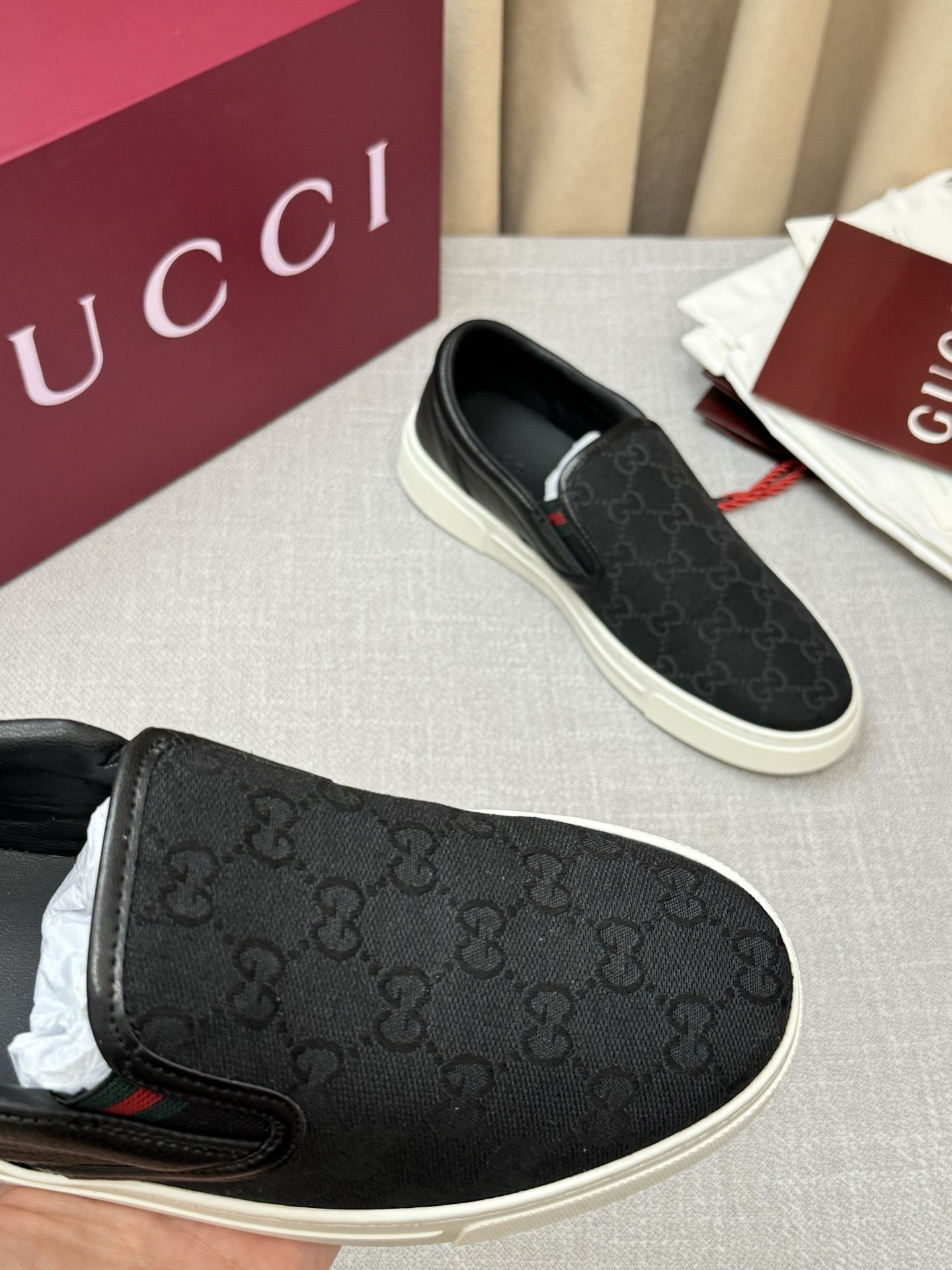GG Slip-On Sneaker Black GG Monogram Canvas with Black Leather Trim GG Slip-On Sneaker Black GG Monogram Canvas with Black Leather Trim