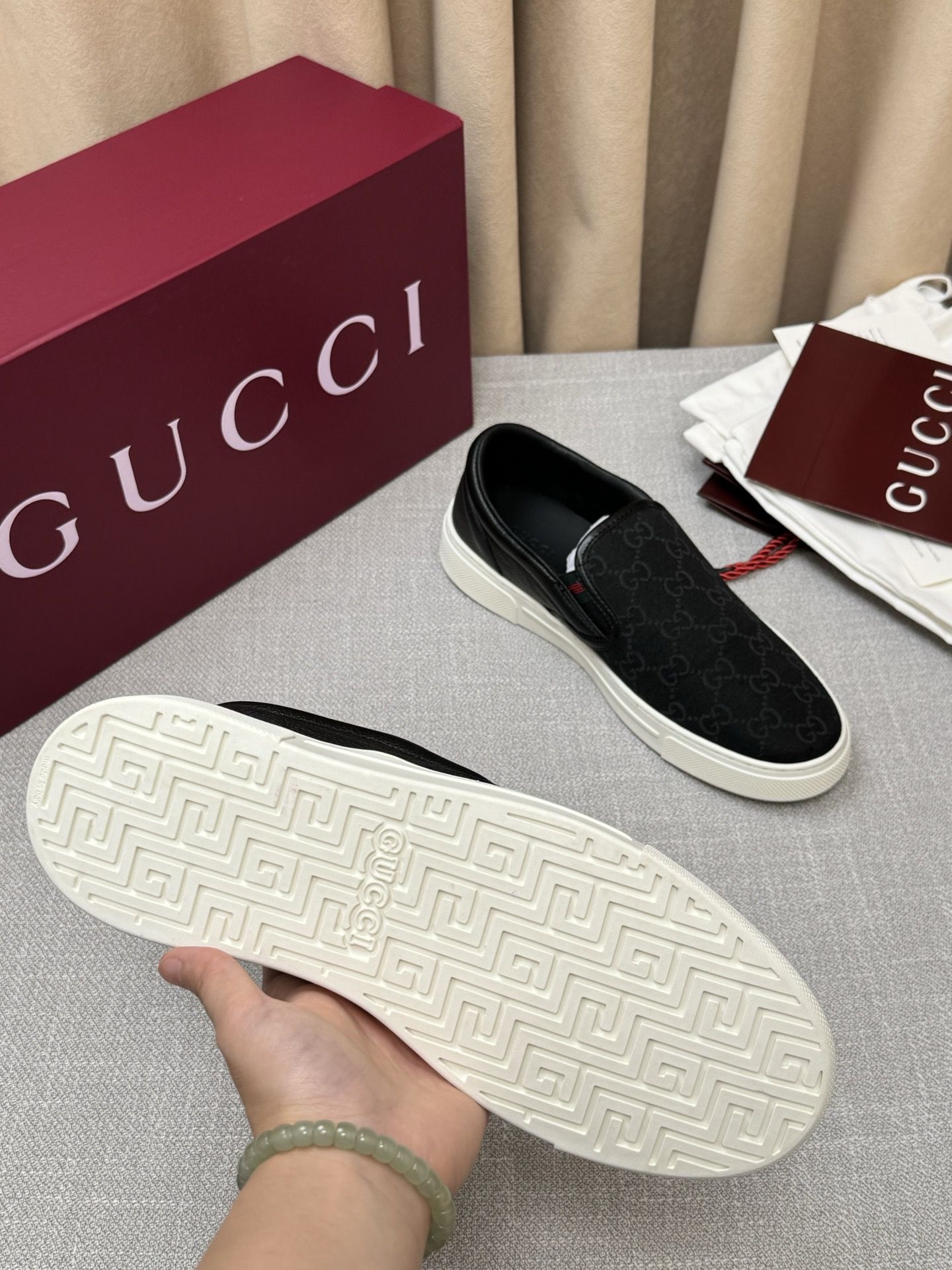 GG Slip-On Sneaker Black GG Monogram Canvas with Black Leather Trim GG Slip-On Sneaker Black GG Monogram Canvas with Black Leather Trim