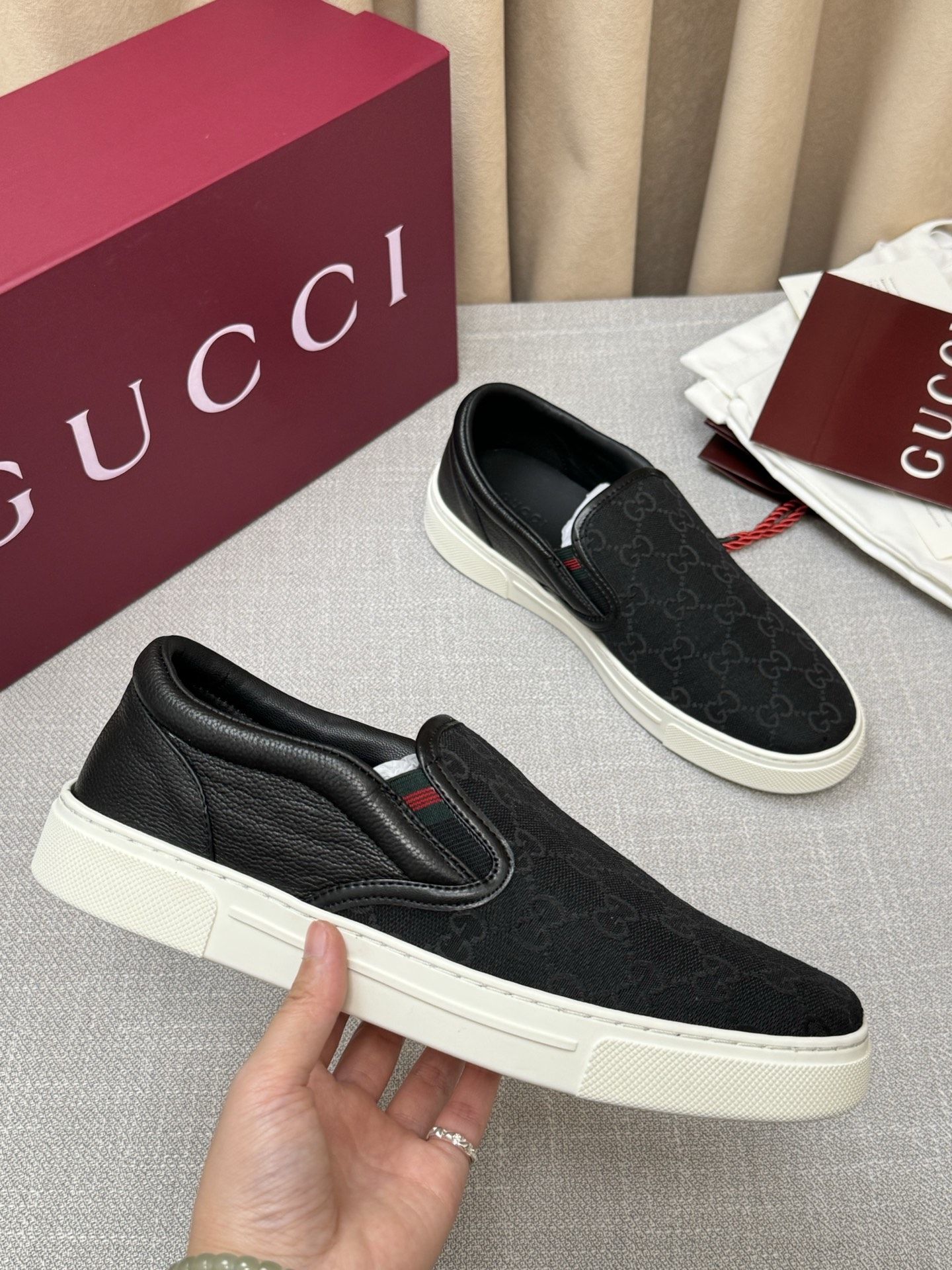 GG Slip-On Sneaker Black GG Monogram Canvas with Black Leather Trim GG Slip-On Sneaker Black GG Monogram Canvas with Black Leather Trim
