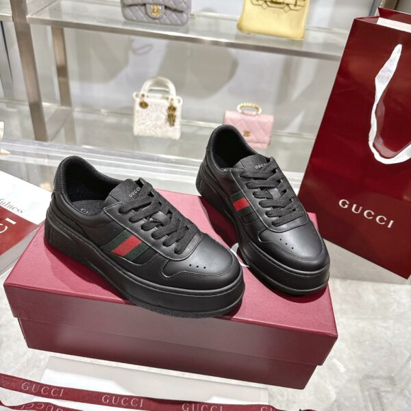 GG Platform Sneaker Black Leather with Web Stripe