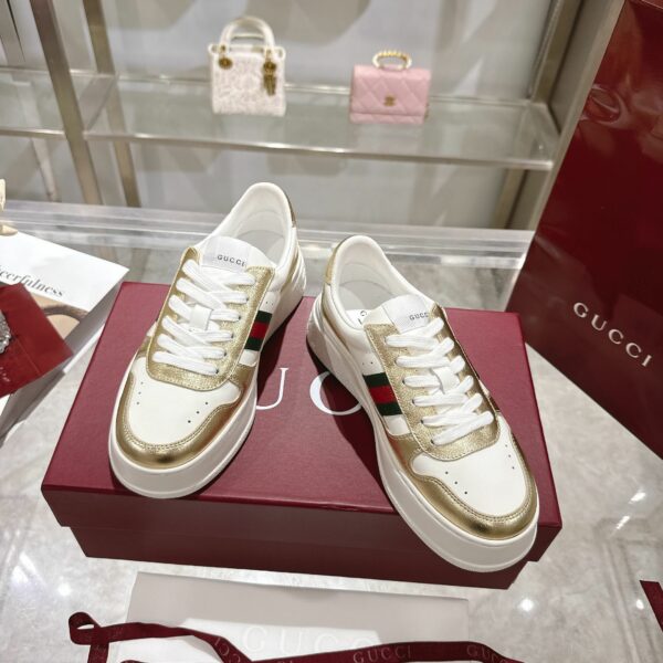 GG Platform Sneaker White Leather with Gold Metallic Trim