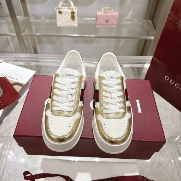 GG Platform Sneaker White Leather with Gold Metallic Trim