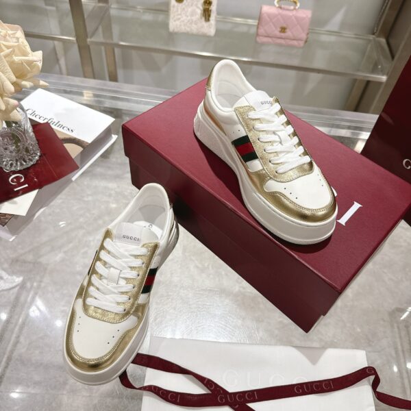 GG Platform Sneaker White Leather with Gold Metallic Trim