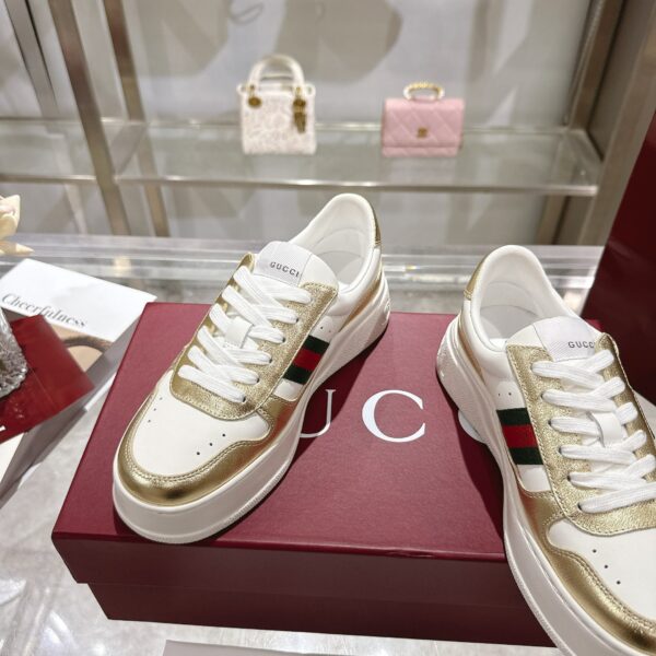 GG Platform Sneaker White Leather with Gold Metallic Trim
