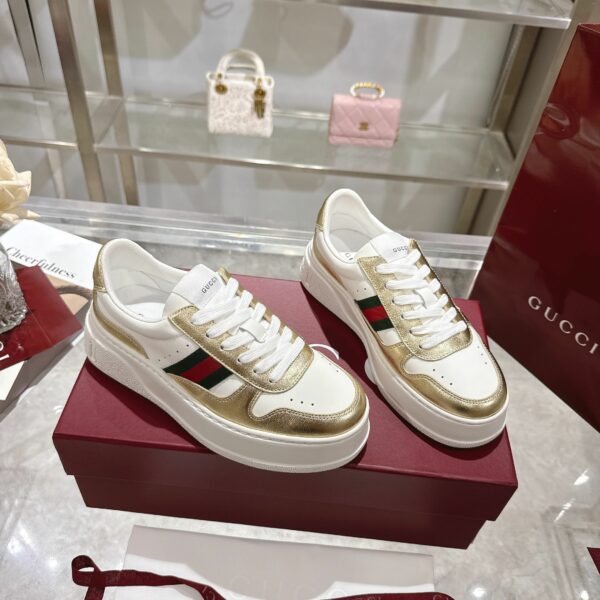 GG Platform Sneaker White Leather with Gold Metallic Trim