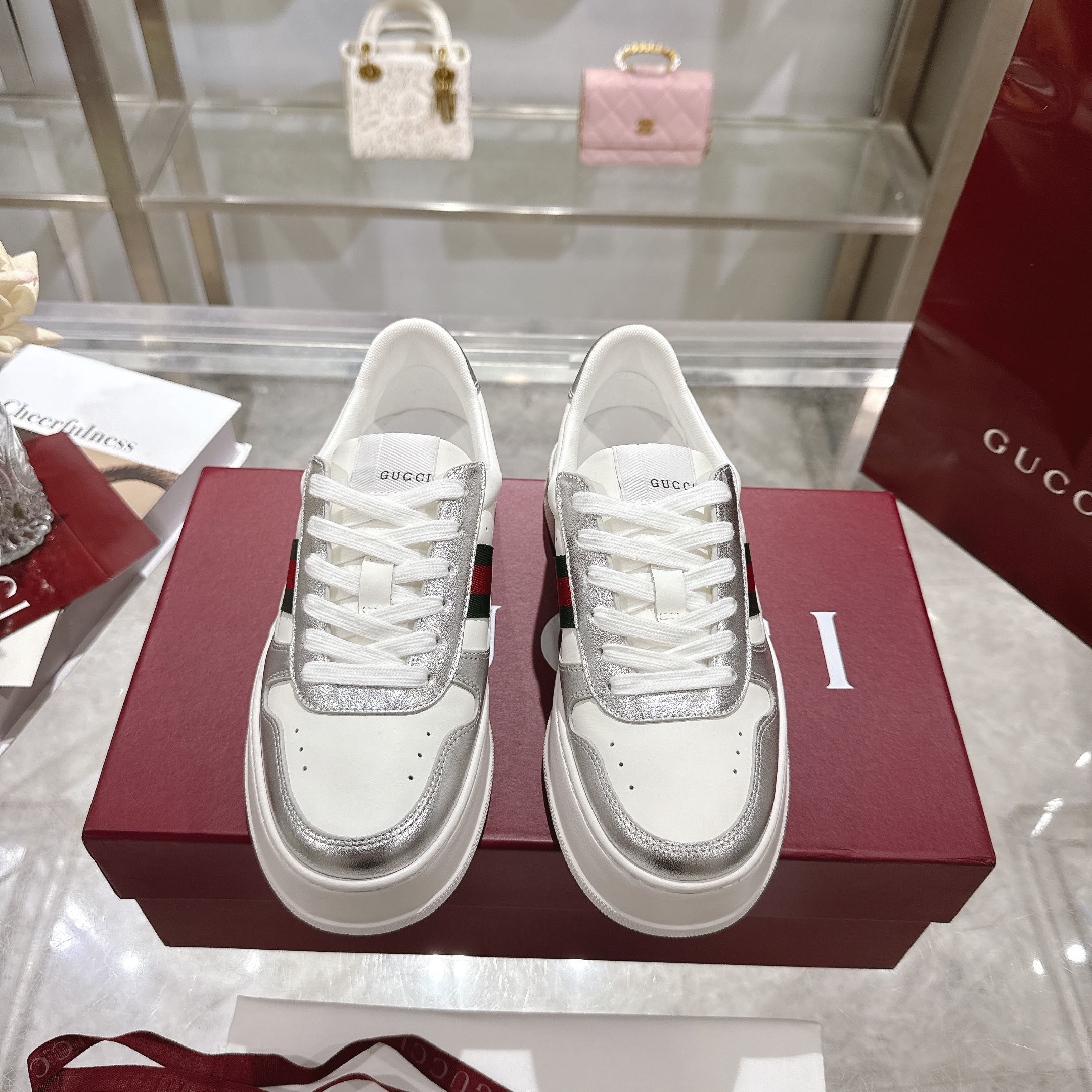 GG Platform Sneaker White Leather with Silver Metallic Trim GG Platform Sneaker White Leather with Silver Metallic Trim