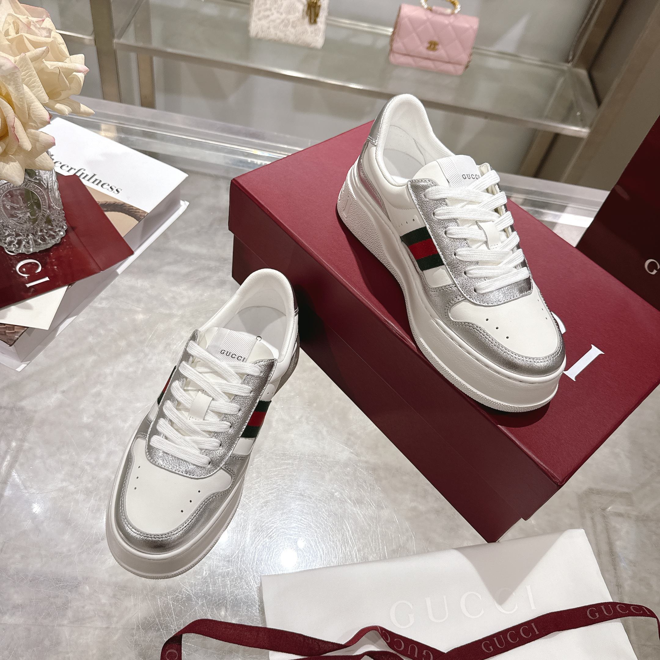 GG Platform Sneaker White Leather with Silver Metallic Trim GG Platform Sneaker White Leather with Silver Metallic Trim