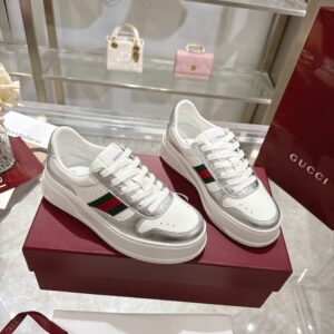 GG Platform Sneaker White Leather with Silver Metallic Trim
