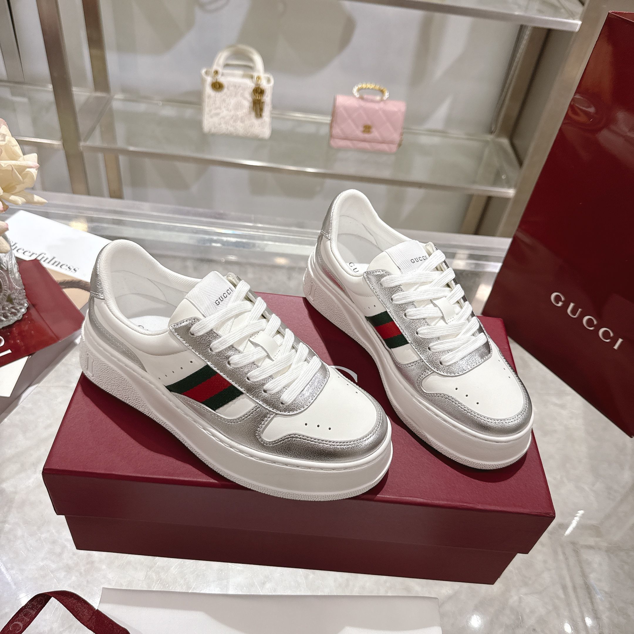 GG Platform Sneaker White Leather with Silver Metallic Trim GG Platform Sneaker White Leather with Silver Metallic Trim