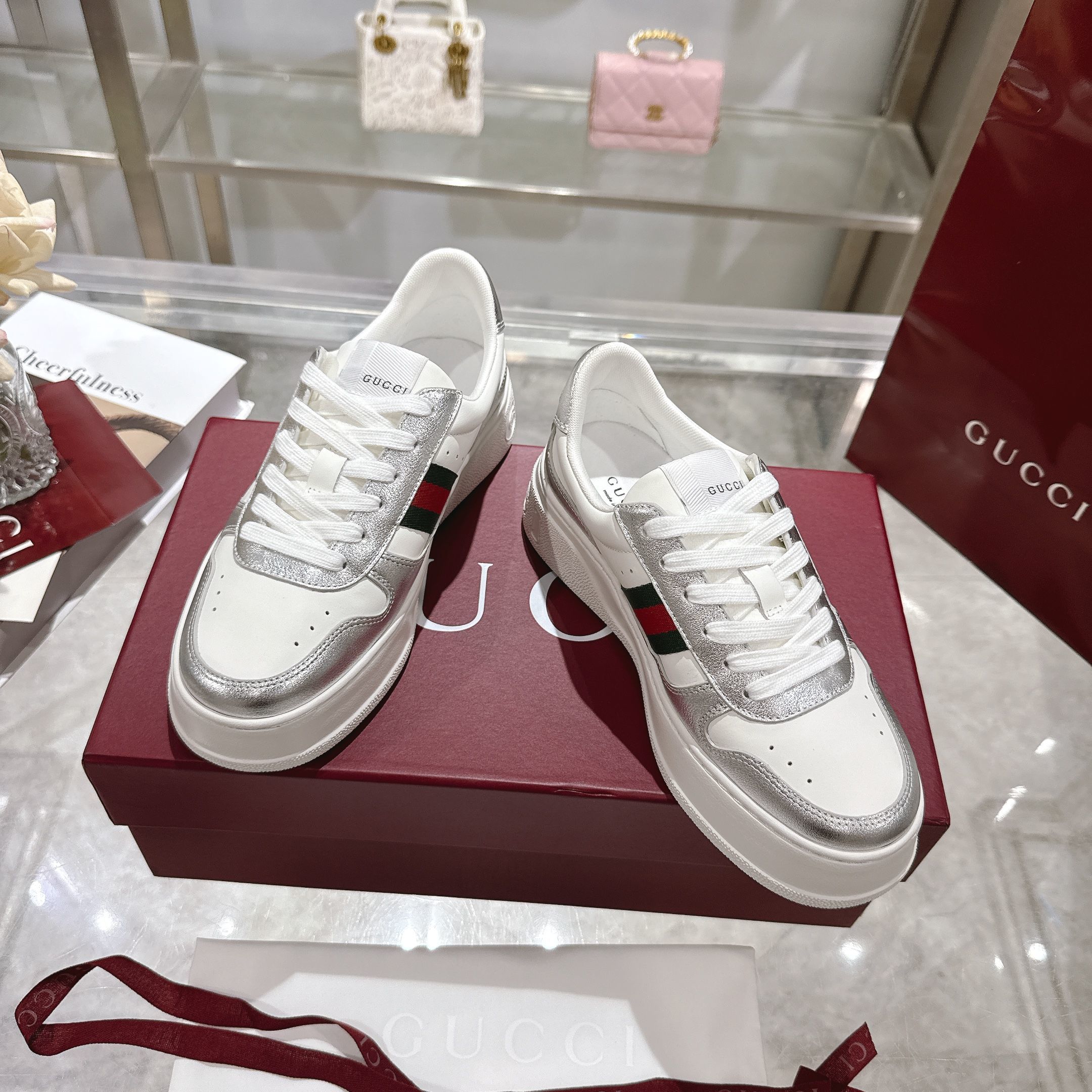 GG Platform Sneaker White Leather with Silver Metallic Trim GG Platform Sneaker White Leather with Silver Metallic Trim