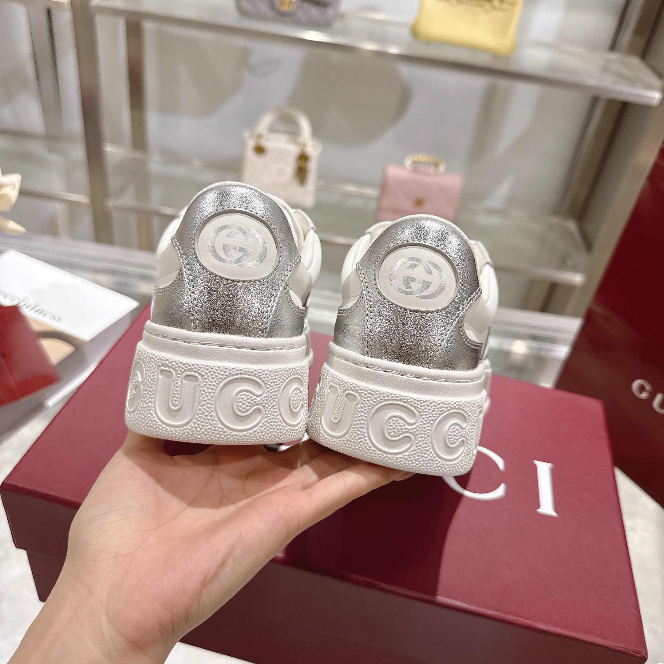 GG Platform Sneaker White Leather with Silver Metallic Trim GG Platform Sneaker White Leather with Silver Metallic Trim