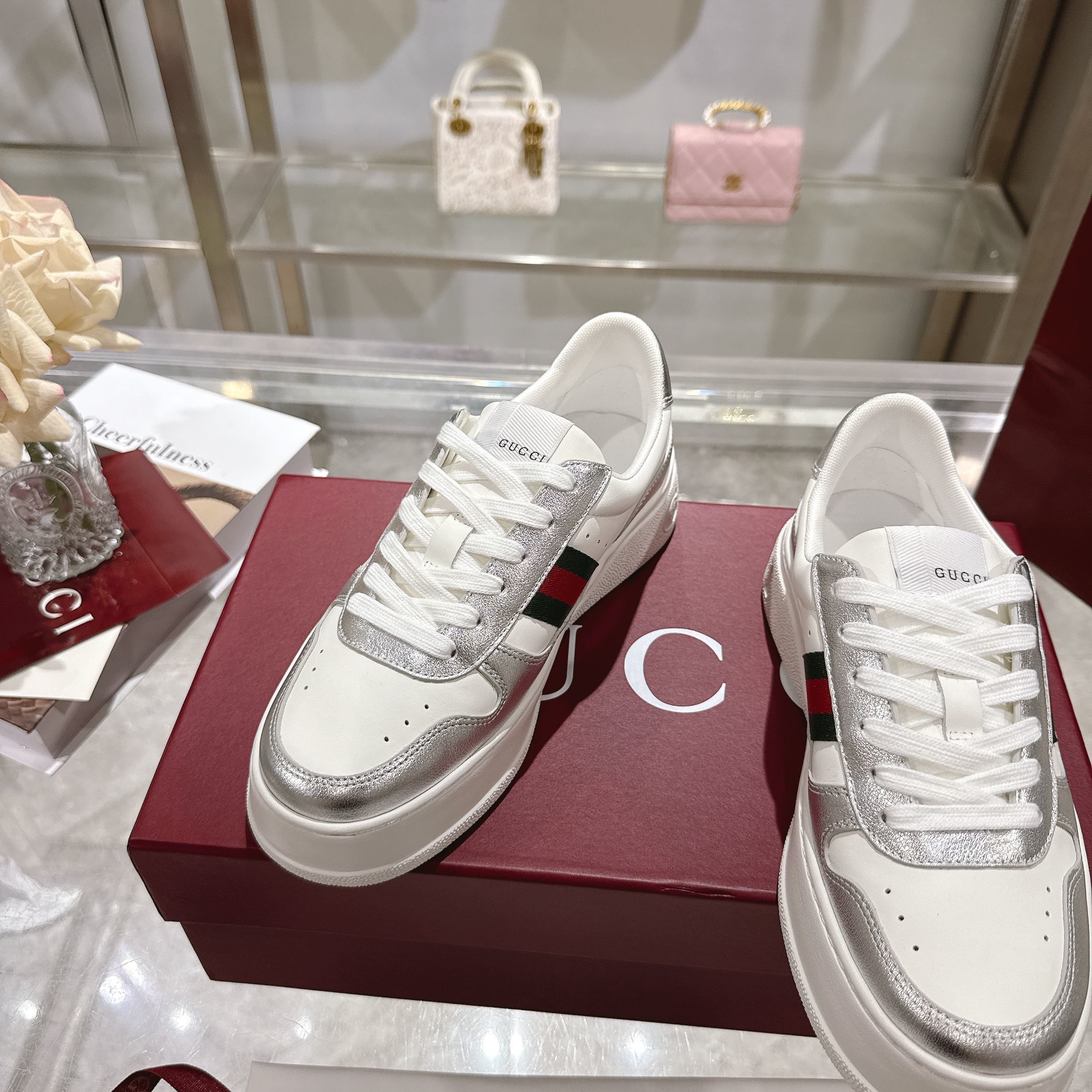 GG Platform Sneaker White Leather with Silver Metallic Trim GG Platform Sneaker White Leather with Silver Metallic Trim