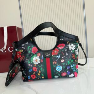 GG Flora Print Web Stripe Shoulder Tote Bag KK04550